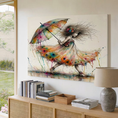 «Whimsical Girl with Colorful Umbrella and Floral Dress Splash», reproduction d'art sur toile pour le salon, la chambre à coucher, le bureau, le couloir, le vestibule, le mur de la galerie et la décoration intérieure moderne
