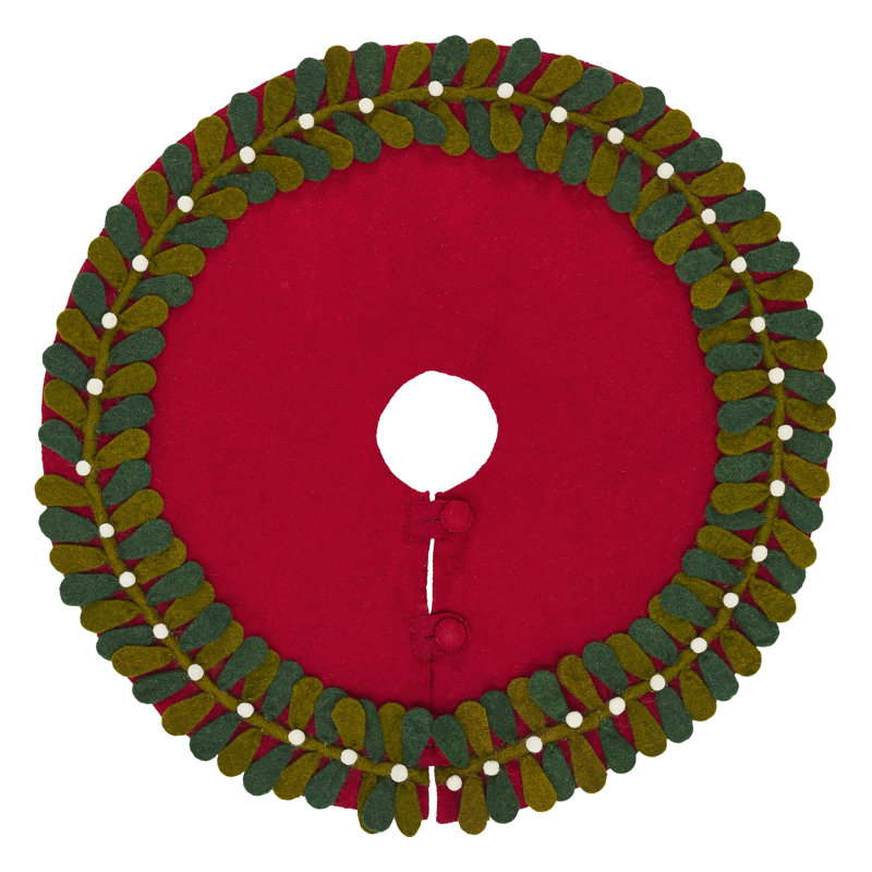 Handmade Red Felt Christmas Tree Skirt with Mistletoe Border