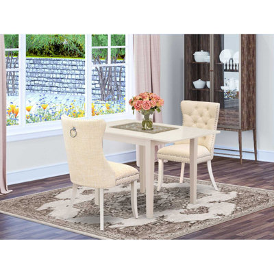 3-Piece Linen White Finish Rectangular Solid Wood Top With Dropleaf Dining Table Set
