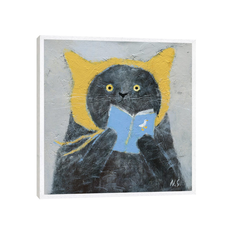 Cat In Yellow Hat With A Book by Natalia Shaloshvili - Painting on Canvas, White Framed, 93.98cm H x 93.98cm W x 3.81cm D
