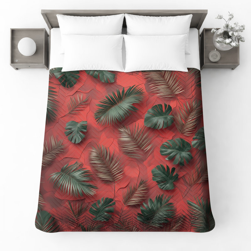 Couvre-lit feuillage de feuilles de palmier rouge et vert, Grand lit