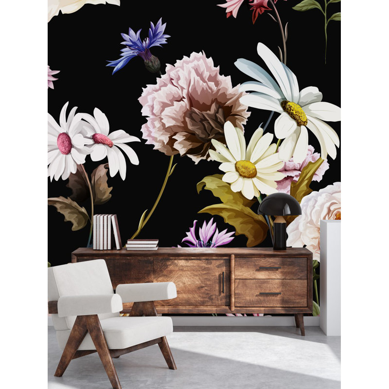 Flowers On Black Wallpaper Peel & Stick Floral Tile, 124.8" L x 100' W