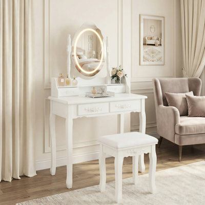 Meuble-lavabo avec miroir, tabouret rembourré, 4 tiroirs, rangement généreux et confortable, conception de tabouret confortable, structure stable, bureau de maquillage blanc à assemblage simple, sièges spacieux, matériau, pieds, facilité