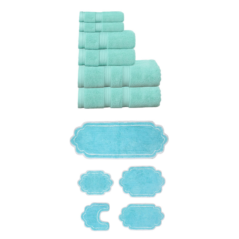 Talbert Collection 100% Soft Cotton 6 Pc Towel Set & 5 Pc Bath Rug Set, (Set of 11), Turquoise