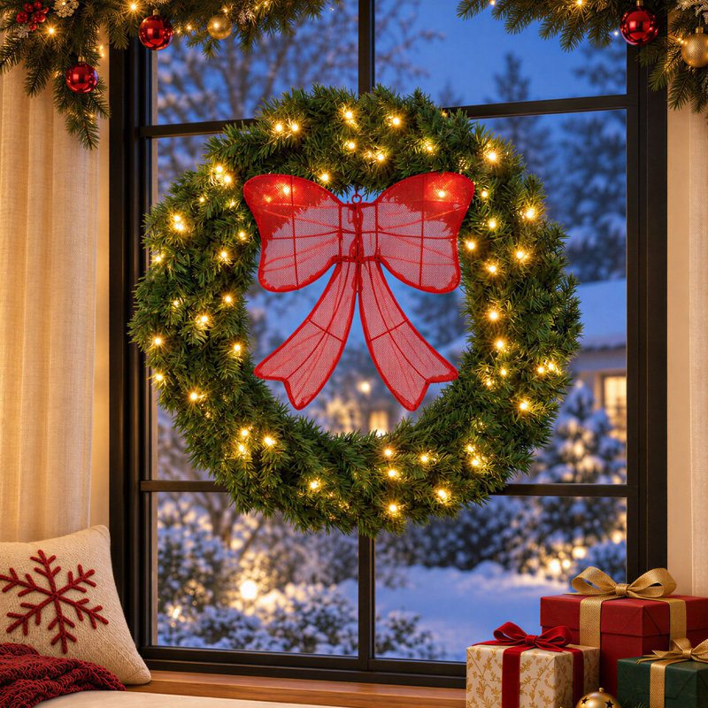 Couronne de Noël à DEL avec grand nœud rouge, 30 po