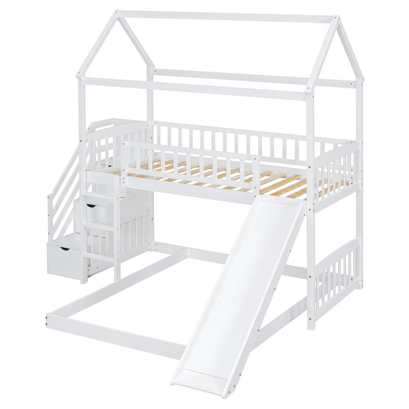 Twin Over Full Bunk Bed With Slide and Storage Stairs, White