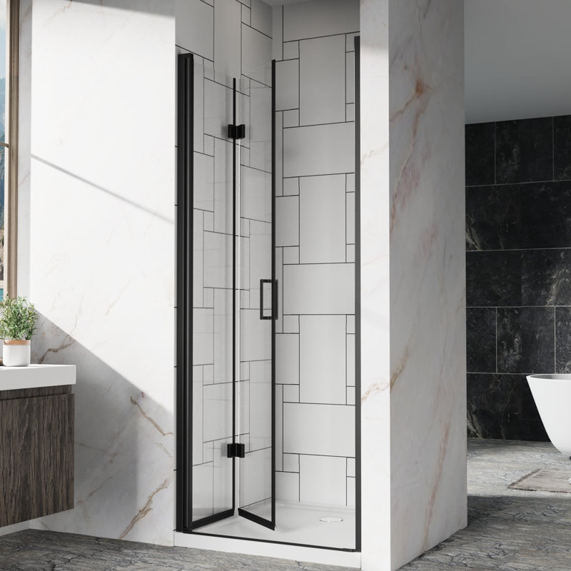32"x 72" Pivot Shower Door, 1/4 Inch (6mm) Tempered Glass, Black Finish, Reversible Installation, 180° Rotating Pivot, Bi - Folding Hinges, Water Proof Heavy Duty Handle, Fits Different Bathroom