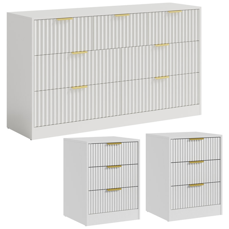 Ensemble 3 pièces commode 7 tiroirs et table de chevet 3 tiroirs, Blanc