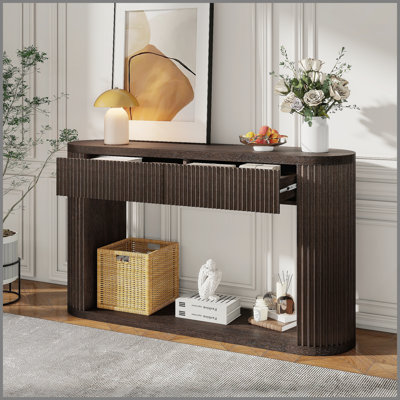 Console ovale cannelée avec 2 tiroirs et tablette inférieure, table d'entrée en bois avec glissières en métal lisse pour le salon, entrée (espresso)