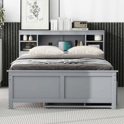 Full Size Platform Bed With Ports, Headboard Storage, Twin Trundle And 3 Drawers In Gray Trundle, For A Relaxing Night