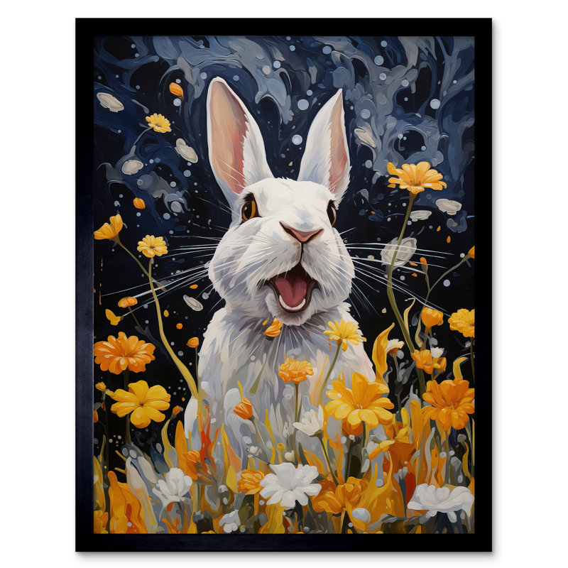Moonlit White Rabbit Painting Playing With Yellow Flowers - Single Picture Frame Print