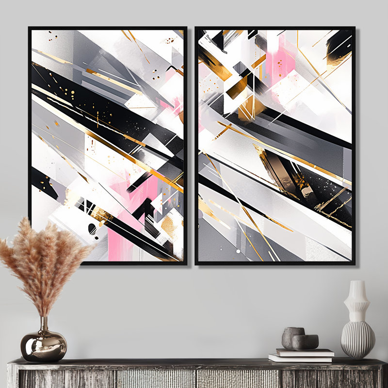 «Pink Grey Gray Symmetometric Abstract - Large Cubism Canvas Wall Art 2-Panels», 36" H x 48" W, Impression encadrée flottante