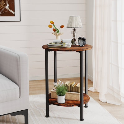 Round Side Table 25.2" Height, 2-Tier Storage End Table with Sturdy Frame, Easy to Assemble for Living Room Bedroom, Brown