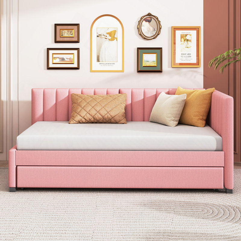 Upholstered Daybed With Trundle Sofa Bed Frame No Box Spring Needed, Linen Fabric, Twin, Pink