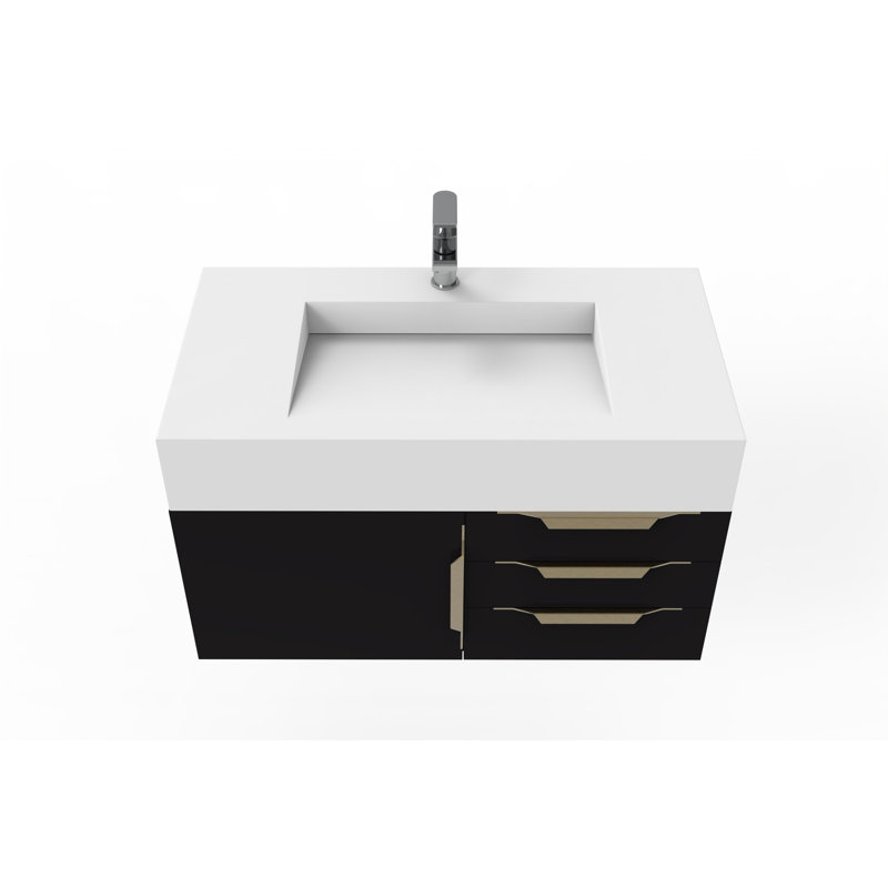 Ensemble de meuble-lavabo mural simple 36 po Nile, Blanc, Noir, Or