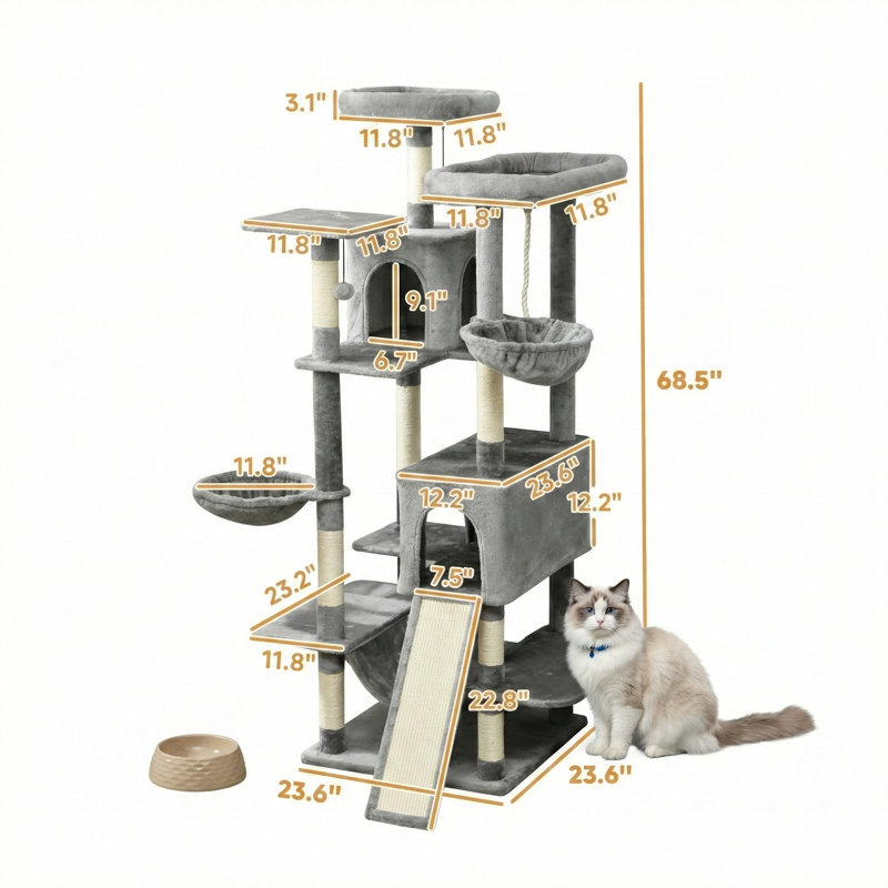 Arbre pour chat à plusieurs niveaux, 69 pouces de hauteur