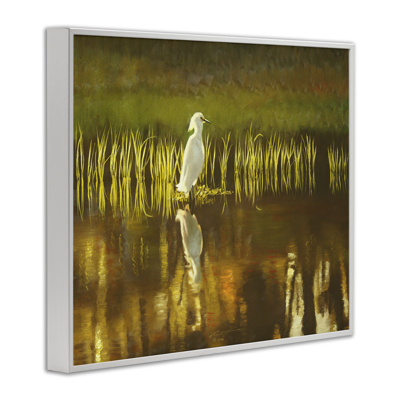 Oiseau et lac botanique, estampe numérique par D. Rust, Giclée encadrée blanc bord de mer, H 11 po x l 14 po
