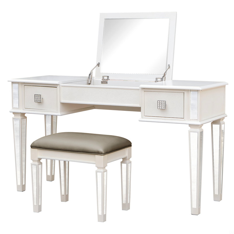 Mirrored Vanities Desk With Drawers, Bedroom Makeup Vanity Table Set With Mirror And Stool, Flip Up Dressing Table, White