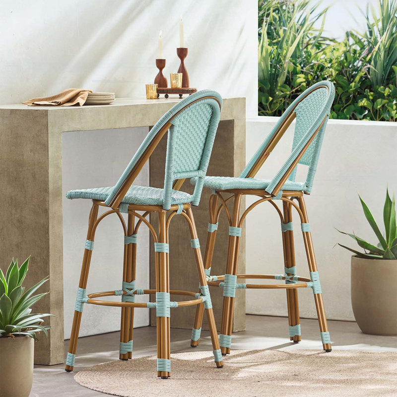 Ensemble de 2 tabourets de bar en aluminium 29,5 pouces en PE rotin et aluminium, finition bleu sarcelle clair et bambou