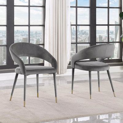 Modern Velvet Dining Chair Set Of 2, Wooden Legs With Gold Accent Tips, Gray