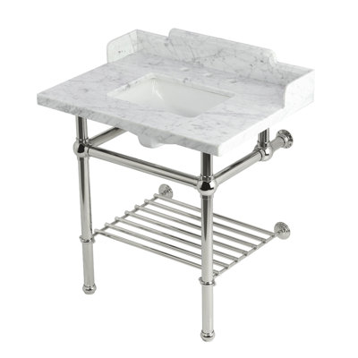 Kingston Brass Pemberton 30-Inch Carrara Marble Console Sink with Brass Legs and Shelf (8-Inch, 3-Hole)