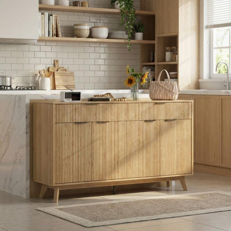 Buffet Sideboard, Sideboard Cabinet with 2 Drawers and 4 Rattan Doors, Rattan Sideboard with Adjustable Shelves, Brown