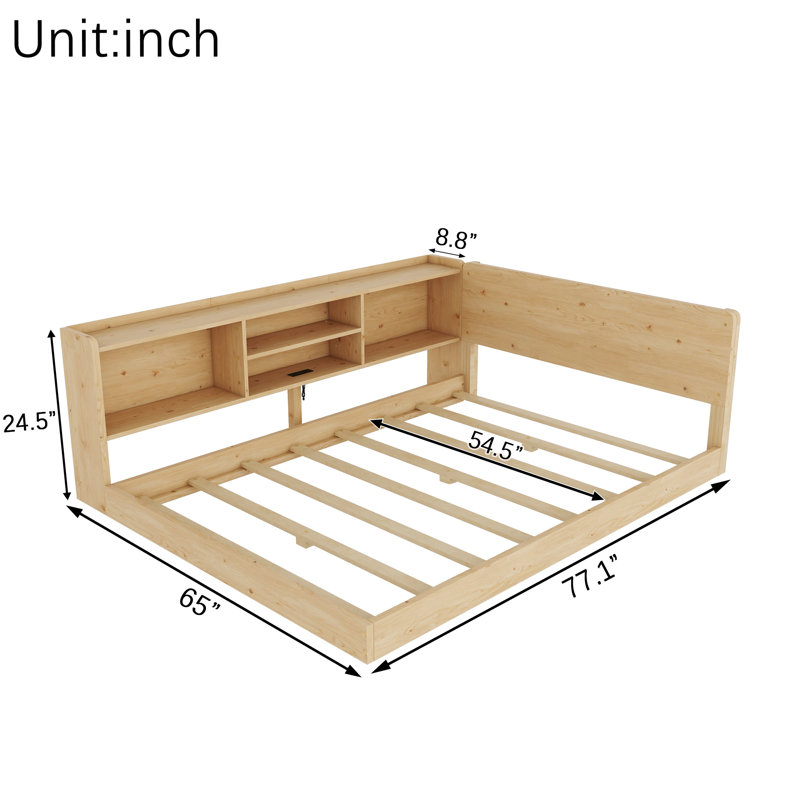 Lit d'angle Montessori en forme de L pour enfants, avec rangement latéral, station de recharge et lumière DEL, couleur naturelle.