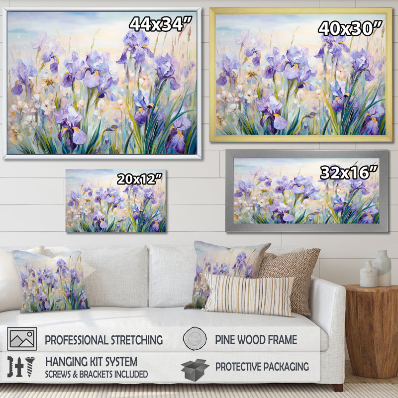 Purple Irises Country Charm - Print, 24" H x 32" W x 1" D, Wrapped Canvas