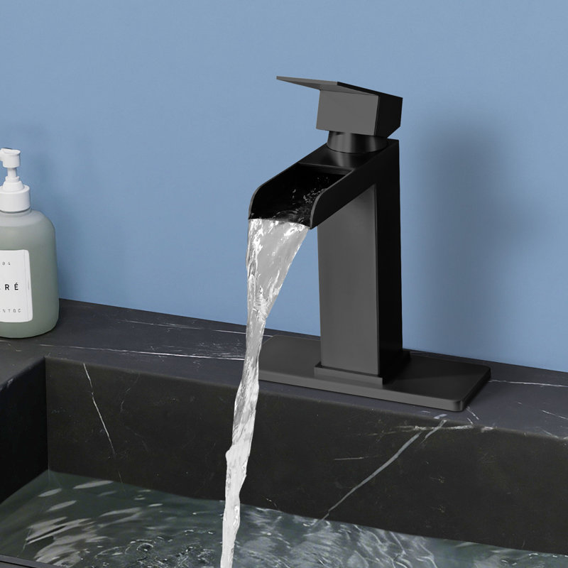 Topcraft Single Handle Single Hole Waterfall Bathroom Sink Faucet With Baseplate, Matte Black