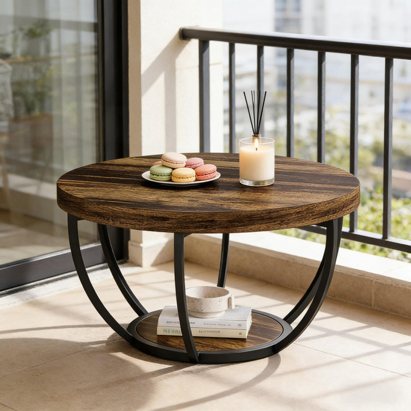Table basse moderne moderne, bureau circulaire à 2 niveaux avec rangement ouvert, Charcoal Grey, Black