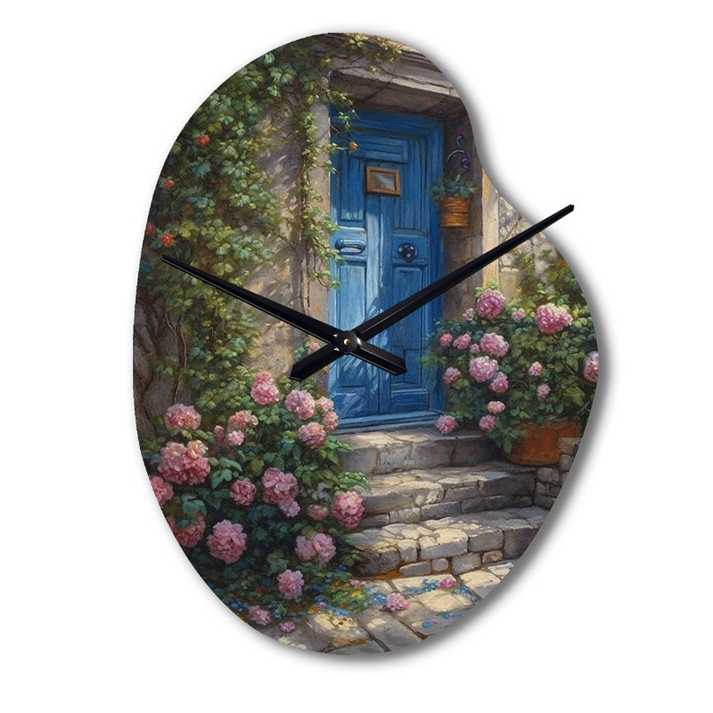 Horloge murale de porte de jardin bleu et rose avec porte d'entrée de ferme - horloge asymétrique en métal, Petit