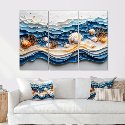 Abstrait coquillage et plage vue aérienne IV - art mural toile côtière - ensemble de 3