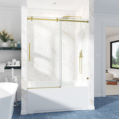 56-61" W X 66" H Frameless Single Sliding Tub Door with 3/8" (10mm) Clear Tempered Glass, Shatter-Resistant Film & Installation Hole Locator - Square Top Rail