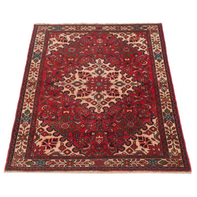 Tapis rouge / beige unique des années 1990 de 3 pi 5 po x 5 pi 1 po Ankith