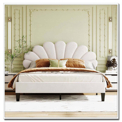 Upholstered Platform Bed with Flower Pattern Velvet Headboard