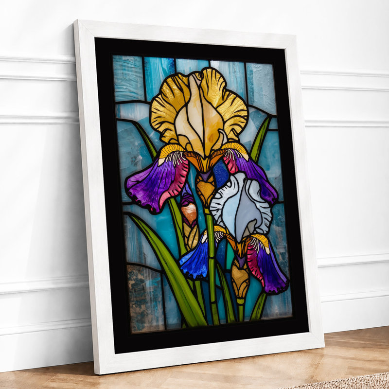 Iris in Stained Glass Botanical - Framed Print, A1 - 84.1 x 59.4 cm, White