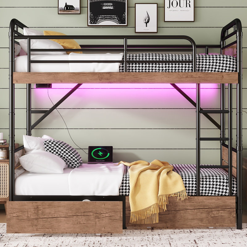 Twin XL over Twin XL Metal Bunk Bed with LED Light, USB Charging & Two Storage Drawers, Black