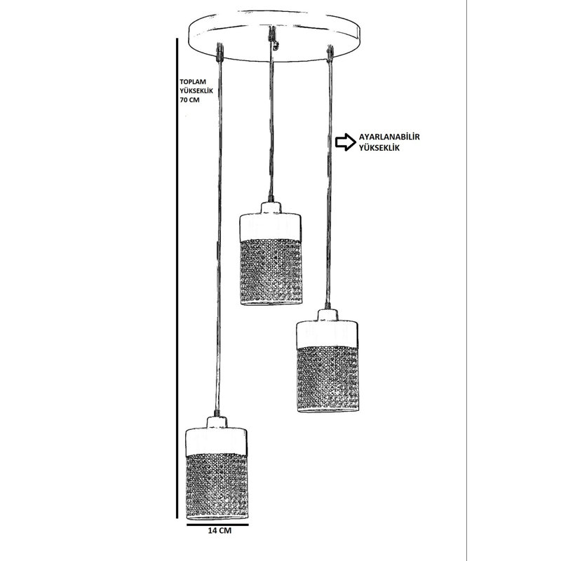 Elegant Metal Chandelier with Natural Rattan Cap, Adjustable Height (27.6 Inches) | Antique Coated Metal, 14 cm (5.5 Inches) Rattan Cap Diameter, 30 cm (11.8 Inches) Base Plate Diameter | Max 40W Socket, Stylish Lighting for Home Decor