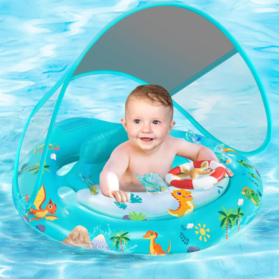 Baby Pool Float With Canopy UPF50+ Sun Protection, Inflatable Kids Pool Floats With Toy Play Console For Baby 6-36 Months, Infant Swimming Float With Adjustable Safety Seat