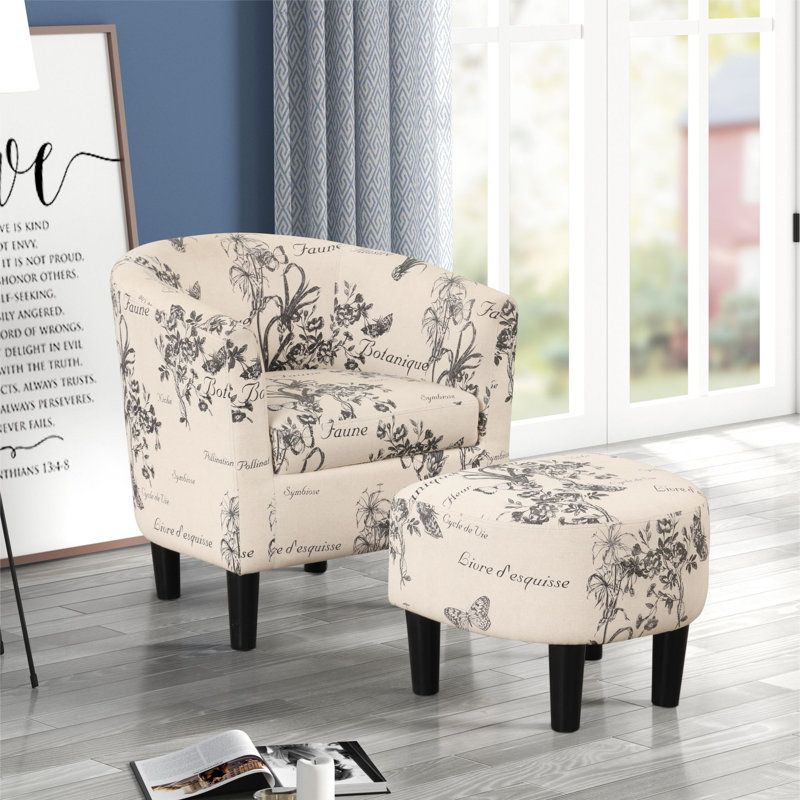 25.5" W Modern Stylish Soft Upholstered Living Room Accent Chair with Ottoman, Beige/Black Polyester