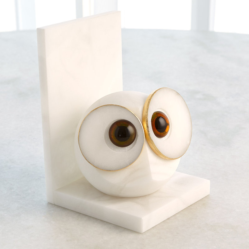 Pair Alabaster Big Eyed Owl Bookends-Lg
