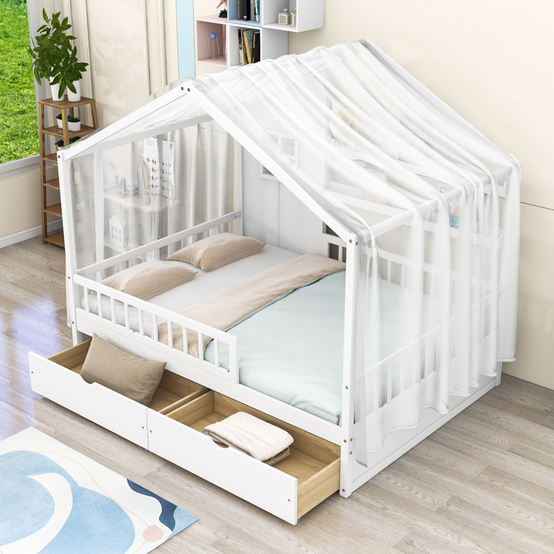 Lit plateforme en bois avec design de maison, tablettes et tiroirs, Lit double, Blanc