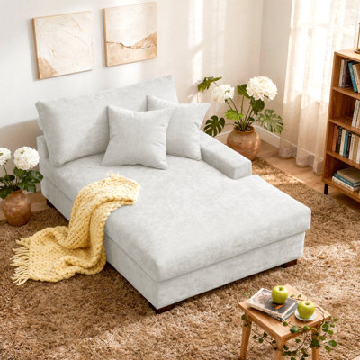 Chaise longue surdimensionnée rembourrée en chenille blanc cassé avec accoudoirs et coussins décoratifs