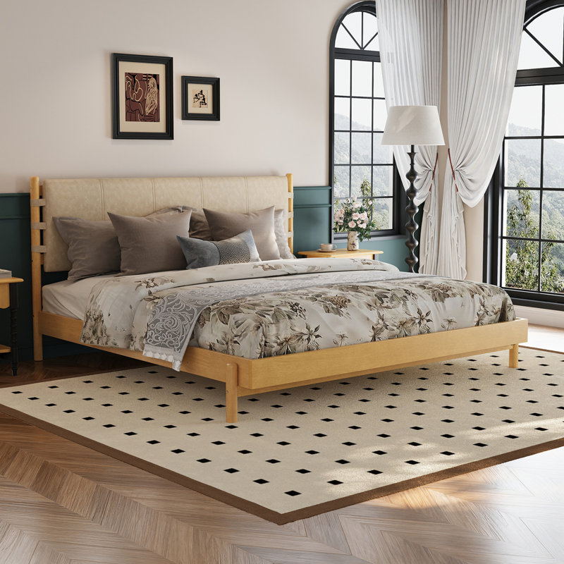 Premium Rubber Wood Platform Bed Frame Bed Frame With Headboard Included, Mid Century Modern Bed, Beige, King