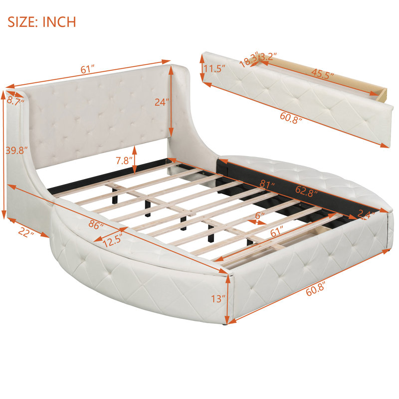 Grand lit plateforme tapissier grand avec tête de lit à oreilles, tiroir et tabourets semi-circulaires - bien conçu pour la tête de chambre à coucher, 1 rangement spacieux sur 2 côtés
