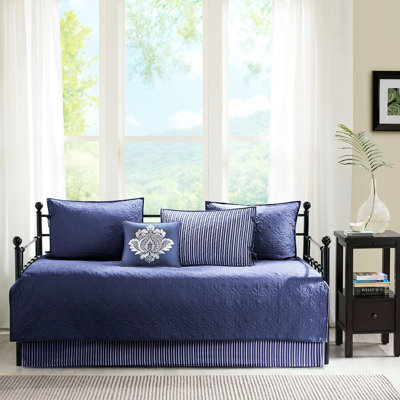6 pièces de literie bleu marine pour lit de jour - housse de matelas simple avec chute de 17 pouces, 3 taies décoratives, chute de 15 pouces, 1 coussin décoratif, housse de rembourrage en coton délicat, superbe