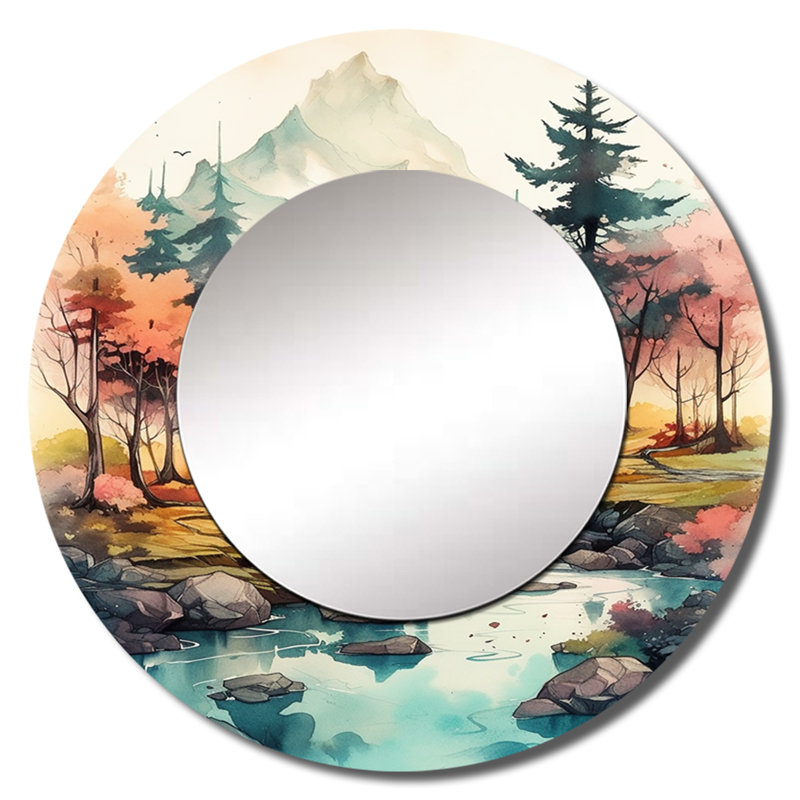 Montagnes colorées et rivière Shatique III - miroir orange, miroir mural décoratif rond traditionnel, impression d'art en métal