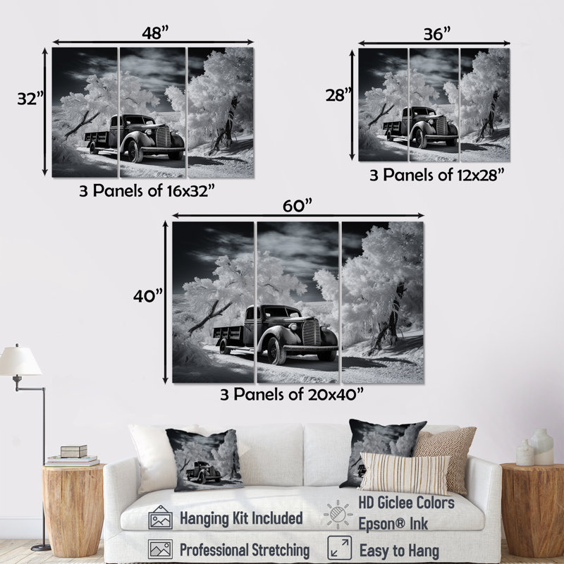 Charme de camion noir et blanc en hiver - ensemble d'art mural camionnette, H 28 po x l 36 po x P 1 po