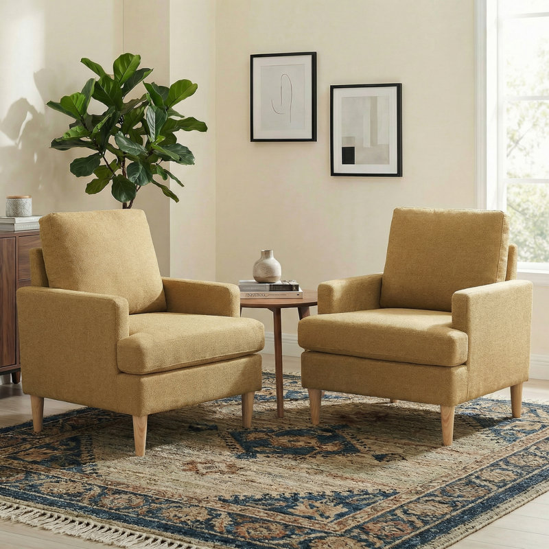 Fauteuil Clancy avec pieds en bois massif, Tissu jaune