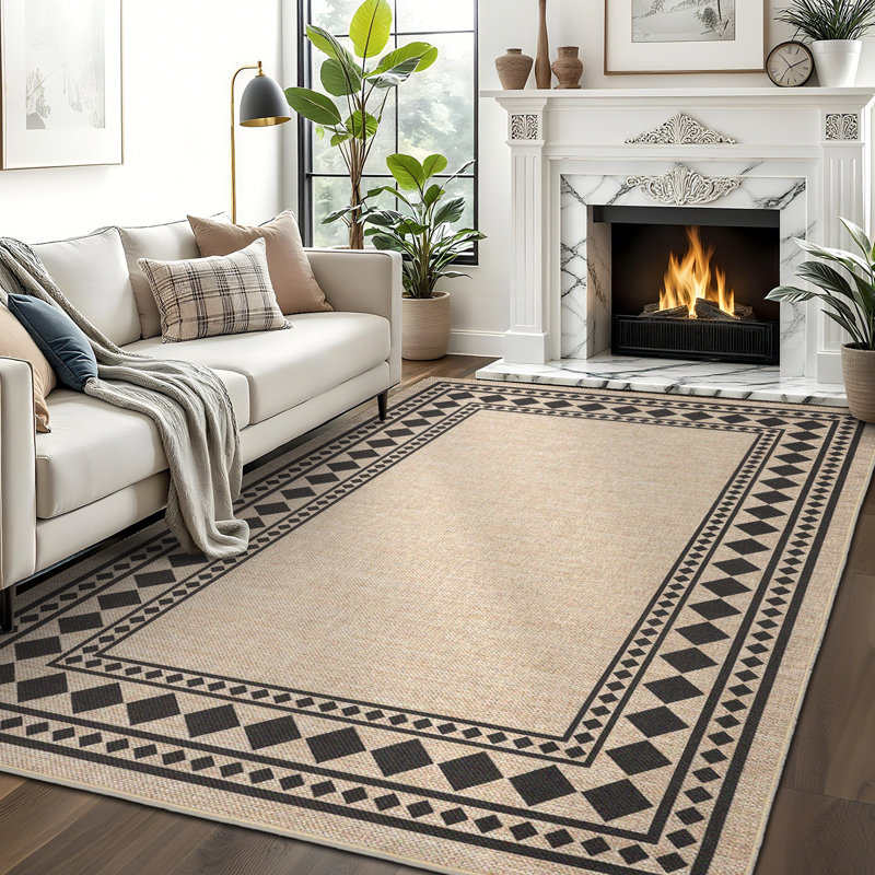 Tapis géométriques lavables pour patio de salle à manger, Beige, Rectangle 10' x 13'